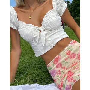 Princess Polly Elouise Top Blouse Corset Bow Ruffle Linen Blend Cottagecore